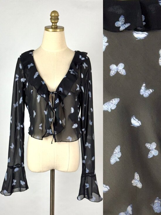 Divided Tops - Y2K Butterfly Sheer Crop Cardigan Top Bell Sleeves Ruffle Dark Fairy Whimsical